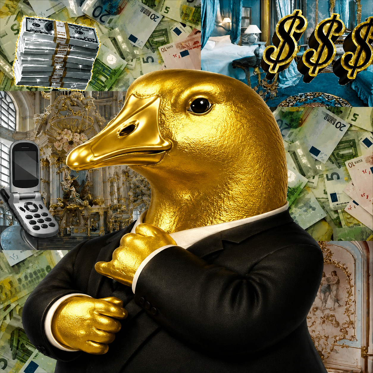 Golden Goose, the gold-headed mascot of the $GG token, dressed in a suit surrounded by cash